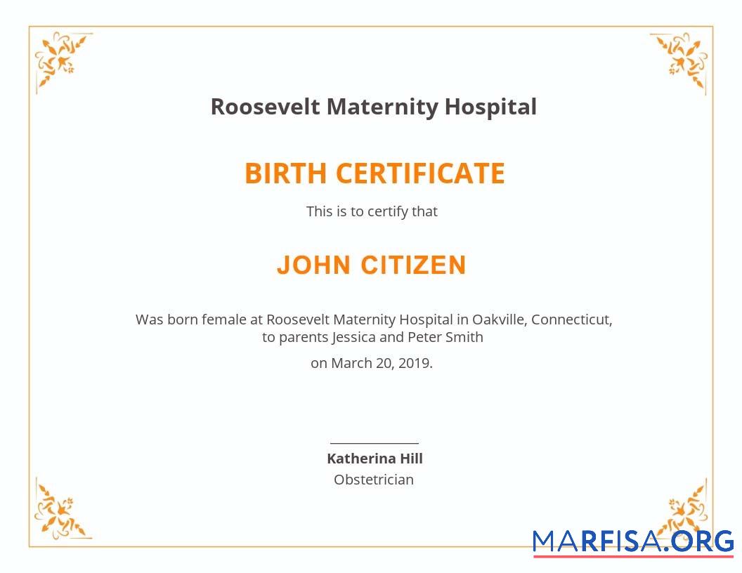 Printable New York Roosvelt Maternity hospital birth certificate real example